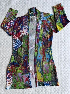 Alberto Makali Colorful Patchwork Print Perforated Open Cardigan Duster Size M